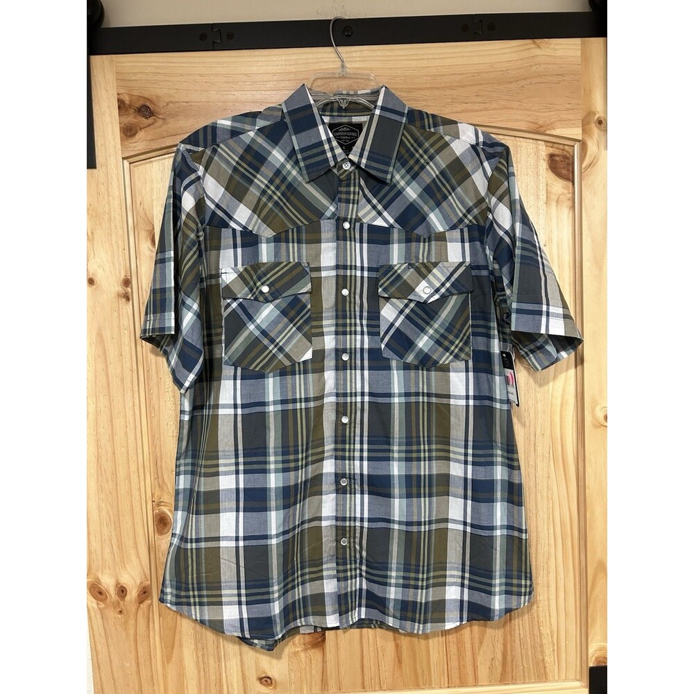 Canyon Guide Outfitters Men’s Short Sleeve Plaid Shirt Pearl Snaps Green Blue L